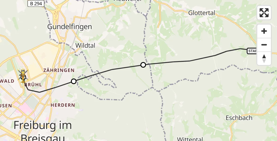 Flugroute Rettungshubschrauber Glottertal - Freiburg im Breisgau Flugplatz, 10 Mai 2026, 09:20