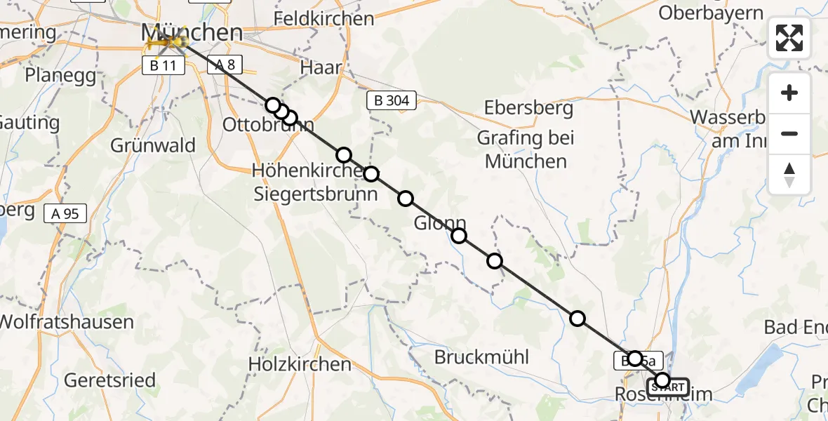 Flugroute Rettungshubschrauber RoMed Hospital Rosenheim - München, 10 Mai 2026, 09:22