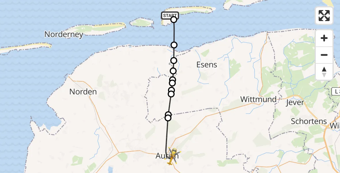 Flugroute Rettungshubschrauber Langeoog Flughafen - Aurich, 10 Mai 2026, 09:27