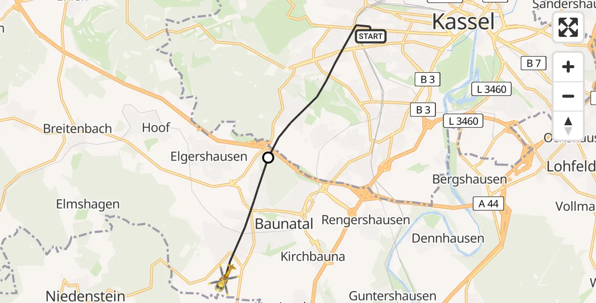 Flugroute Rettungshubschrauber Kassel - Baunatal, 10 Mai 2026, 09:30