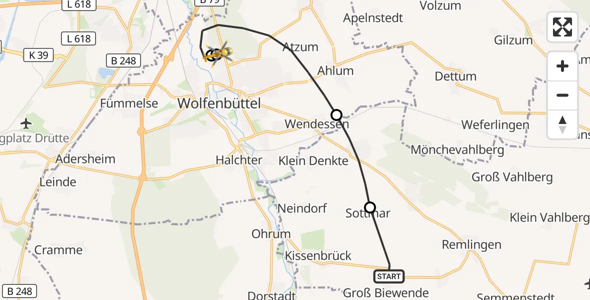 Flugroute Rettungshubschrauber Remlingen-Semmenstedt - Wolfenbüttel Municipal Hospital Heliport (Christoph 30), 10 Mai 2026, 09:31