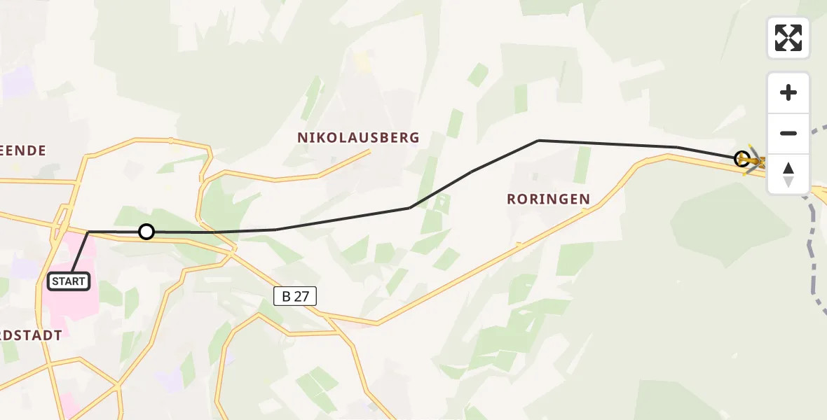 Flugroute Rettungshubschrauber Göttingen University Clinic Hubschrauberlandeplatz - Bovenden, 10 Mai 2026, 09:33