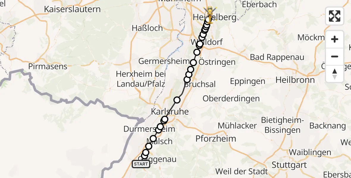 Flugroute Rettungshubschrauber Baden-Baden - Heidelberg, 10 Mai 2026, 09:34