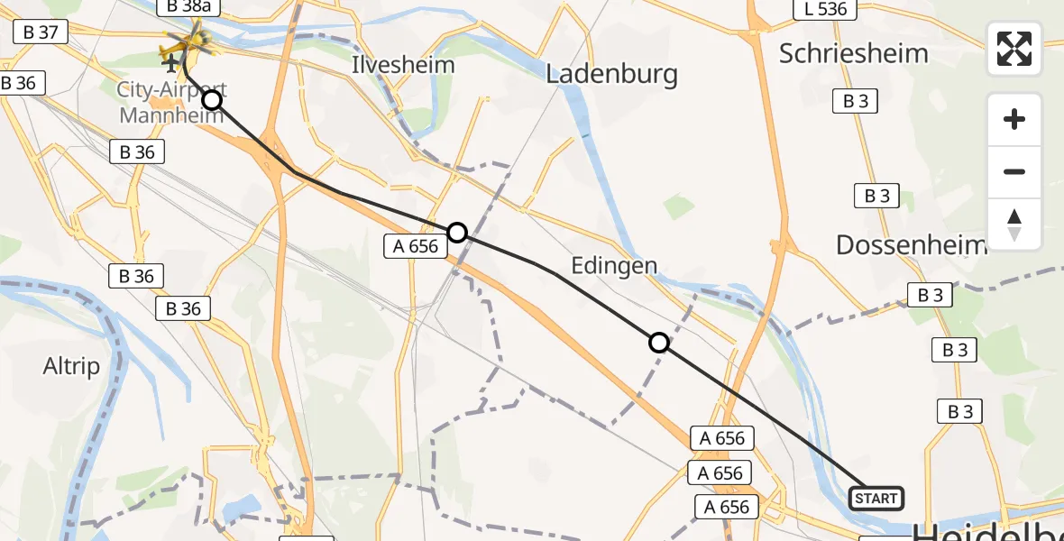 Flugroute Rettungshubschrauber Heidelberg - Mannheim-City Flughafen, 10 Mai 2026, 09:36