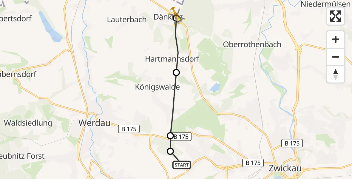 Flugroute Rettungshubschrauber ADAC Air Rescue Station Zwickau Hubschrauberlandeplatz - Neukirchen/Pleiße, 10 Mai 2026, 09:41