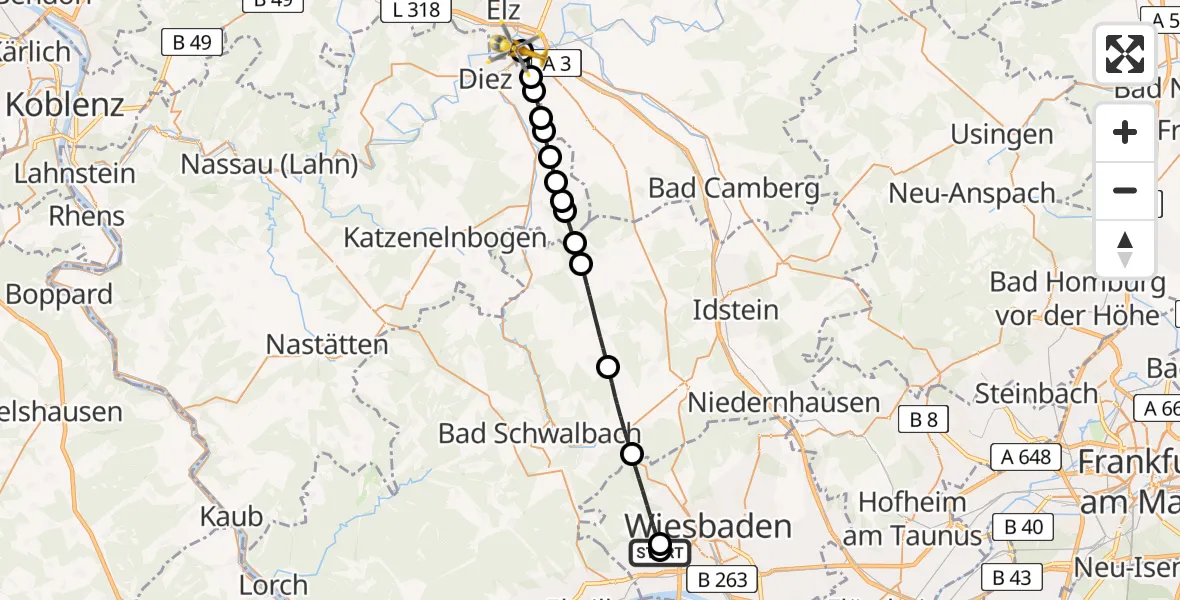 Flugroute Rettungshubschrauber Helios Horst Schmidt Clinic (HSK) - Saint Vincent Hospital Limburg, 10 Mai 2026, 09:50
