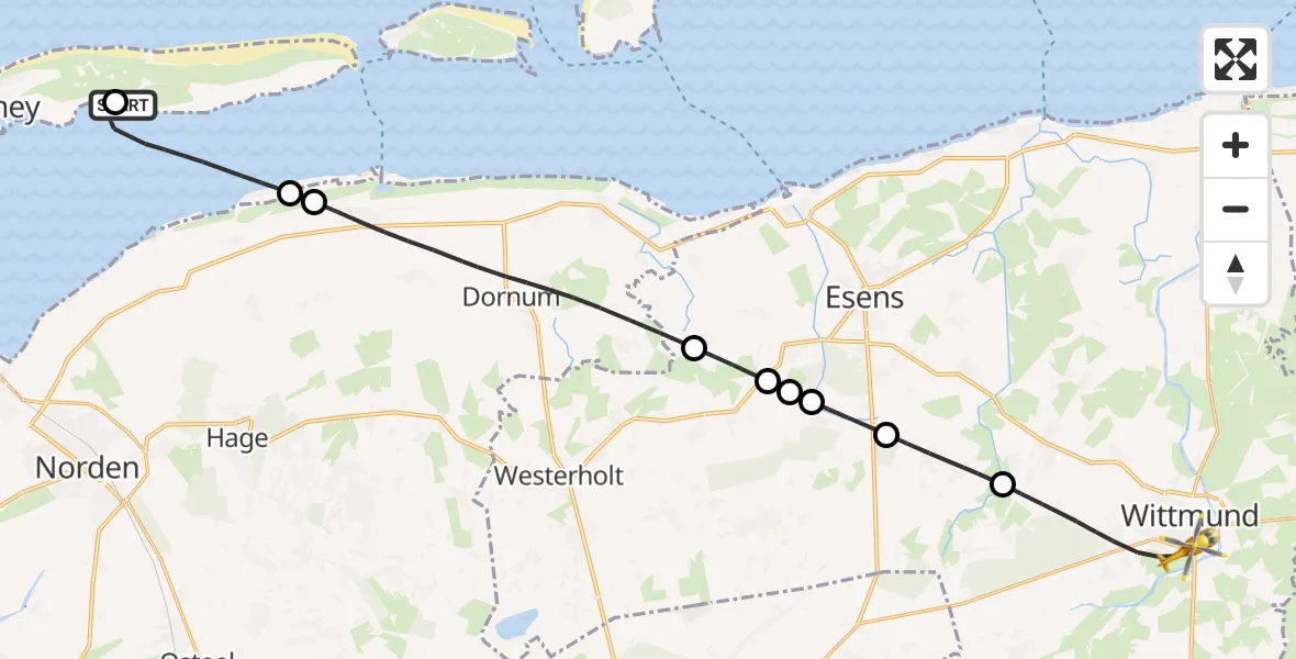 Flugroute Ambulanzhubschrauber Norderney Flughafen - Wittmund, 10 Mai 2026, 09:57