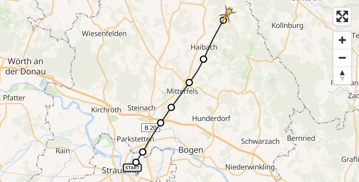 Flugroute Rettungshubschrauber Sankt Elisabeth Hospital Straubing - Rattenberg, 10 Mai 2026, 09:58