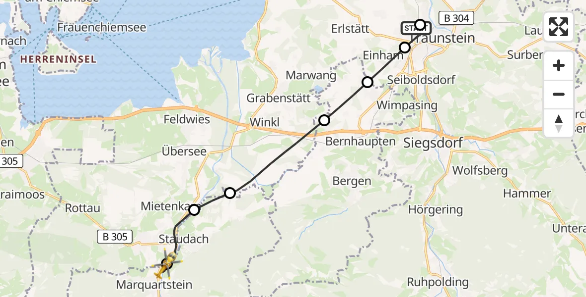 Flugroute Rettungshubschrauber Traunstein Hospital - Marquartstein, 10 Mai 2026, 09:58