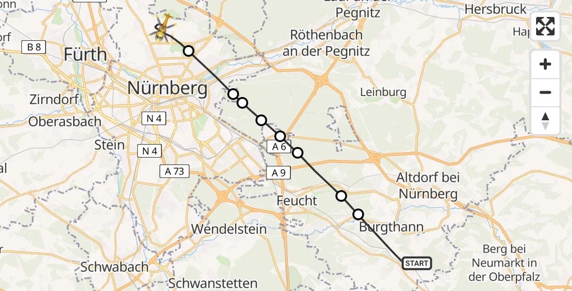 Flugroute Ambulanzhubschrauber Burgthann - Flughafen Nuremberg, 10 Mai 2026, 09:58
