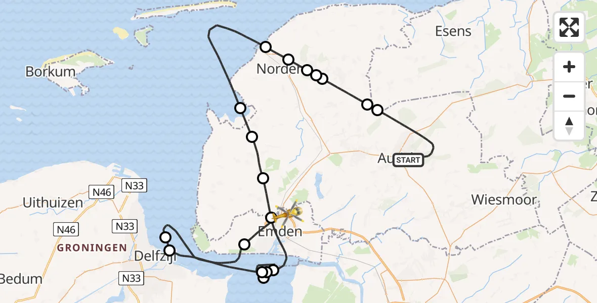Flugroute Rettungshubschrauber Aurich - Emden Flughafen, 10 Mai 2026, 09:59
