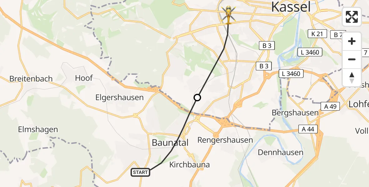 Flugroute Rettungshubschrauber Baunatal - Kassel, 10 Mai 2026, 10:00