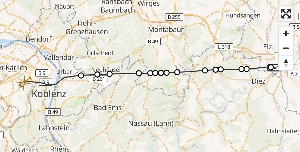 Flugroute Rettungshubschrauber Saint Vincent Hospital Limburg - Koblenz, 10 Mai 2026, 10:03