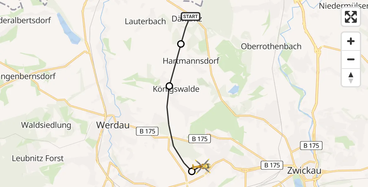 Flugroute Rettungshubschrauber Neukirchen/Pleiße - ADAC Air Rescue Station Zwickau Hubschrauberlandeplatz, 10 Mai 2026, 10:10