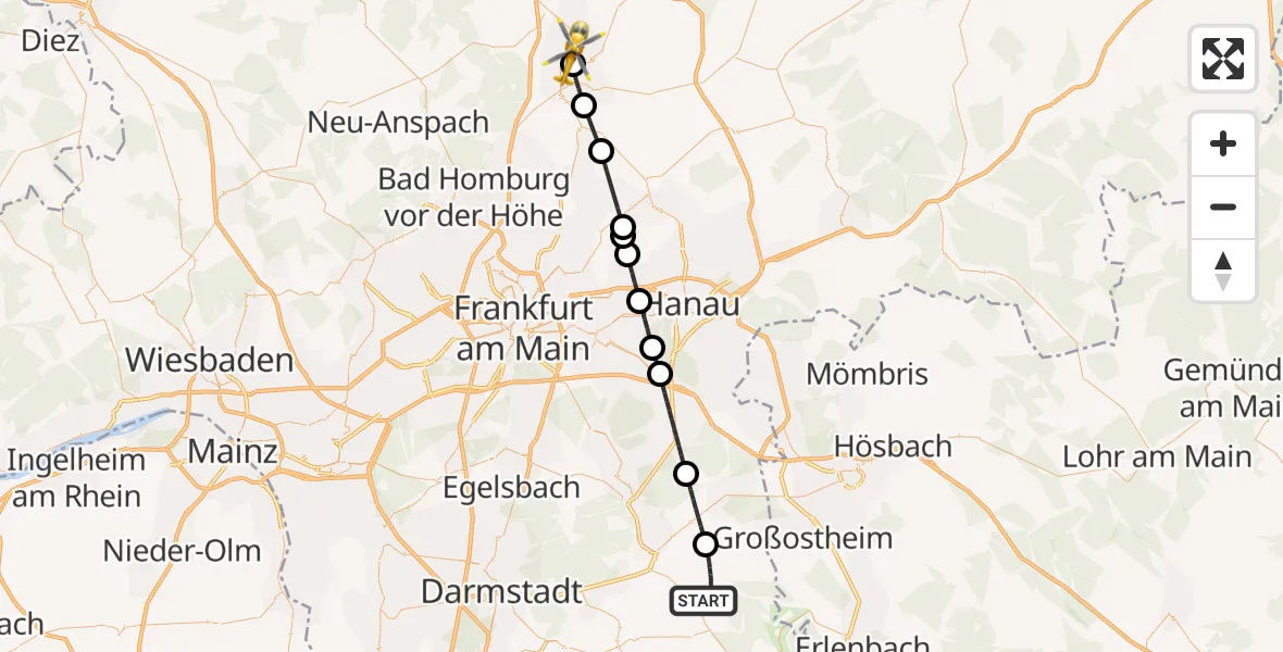 Flugroute Rettungshubschrauber Groß-Umstadt - Bad Nauheim, 10 Mai 2026, 10:10