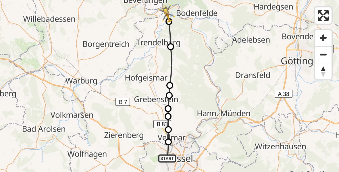 Flugroute Rettungshubschrauber Kassel - Bad Karlshafen, 10 Mai 2026, 10:15