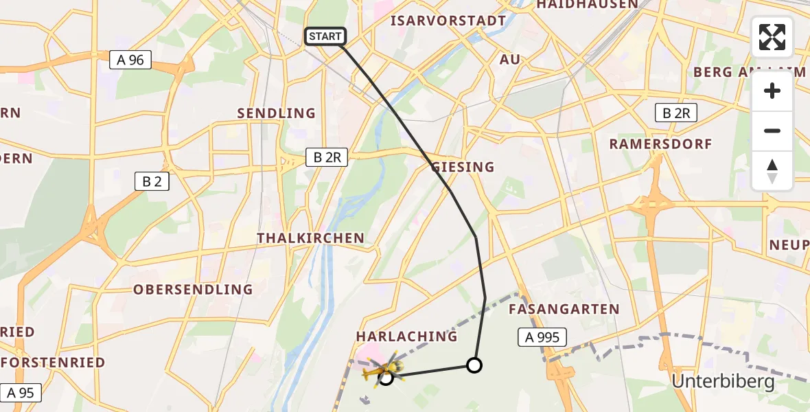 Flugroute Rettungshubschrauber München - ADAC Air Rescue Center Hubschrauberlandeplatz (Christoph 1), 10 Mai 2026, 10:19