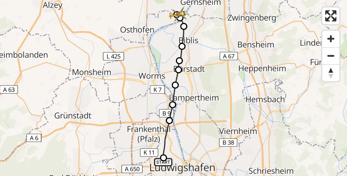 Flugroute Rettungshubschrauber Ludwigshafen Accident Hospital - Hamm am Rhein, 10 Mai 2026, 10:21