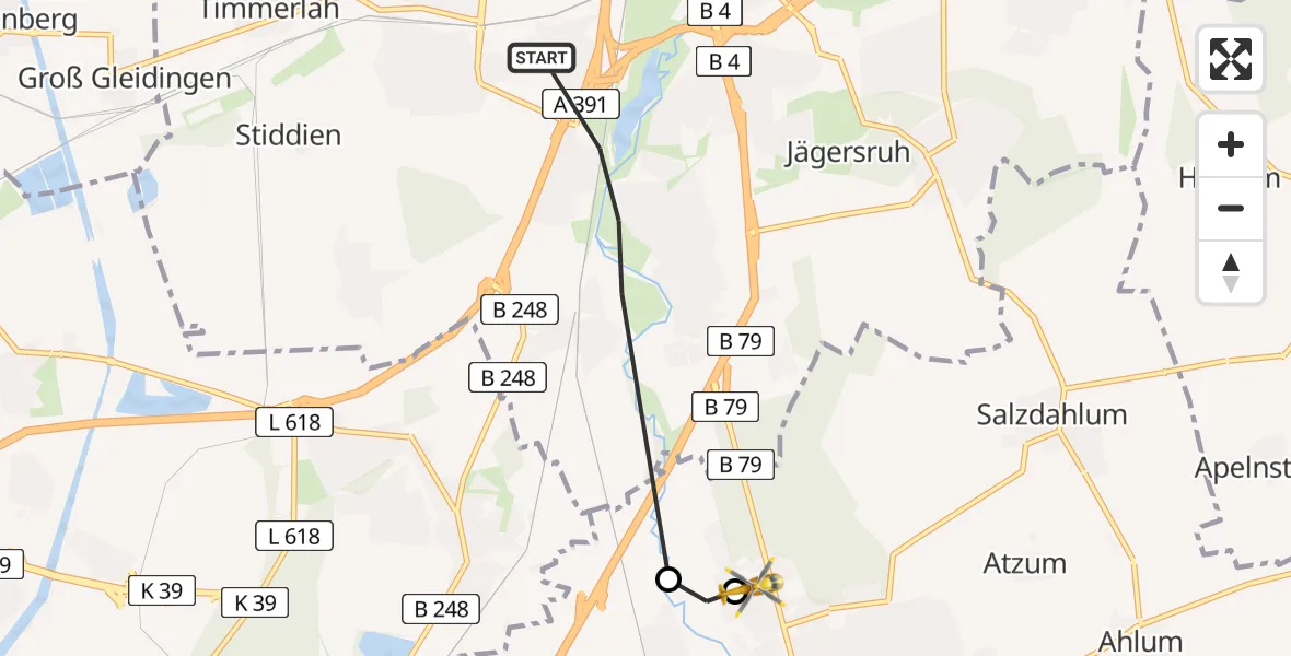 Flugroute Rettungshubschrauber Braunschweig - Wolfenbüttel Municipal Hospital Heliport (Christoph 30), 10 Mai 2026, 10:23
