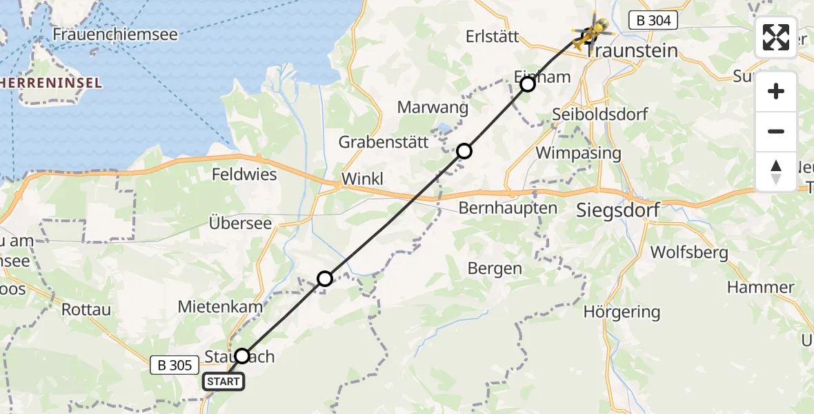 Flugroute Rettungshubschrauber Grassau - Traunstein Hospital, 10 Mai 2026, 10:25