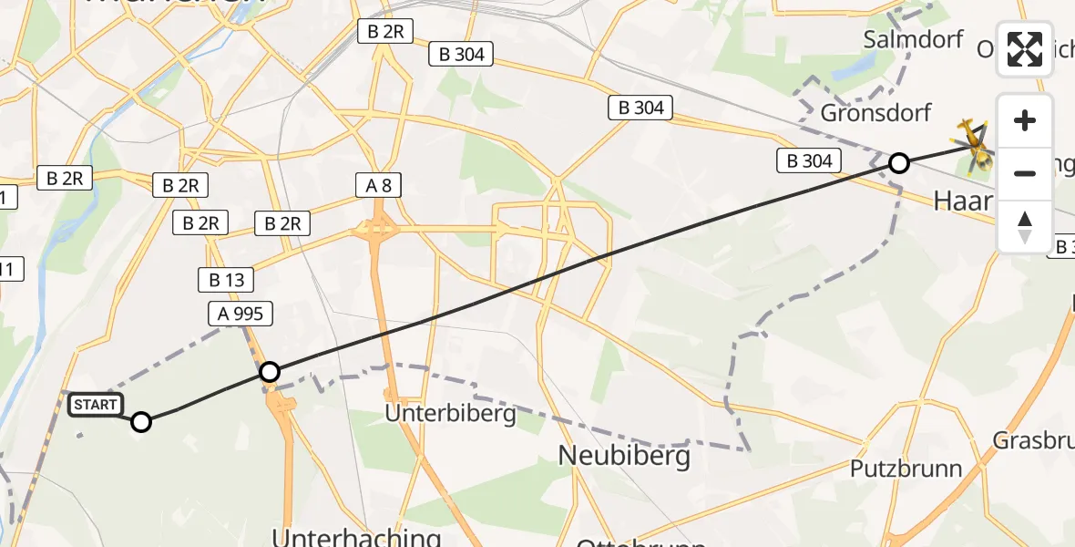 Flugroute Rettungshubschrauber ADAC Air Rescue Center Hubschrauberlandeplatz (Christoph 1) - Haar, 10 Mai 2026, 10:30