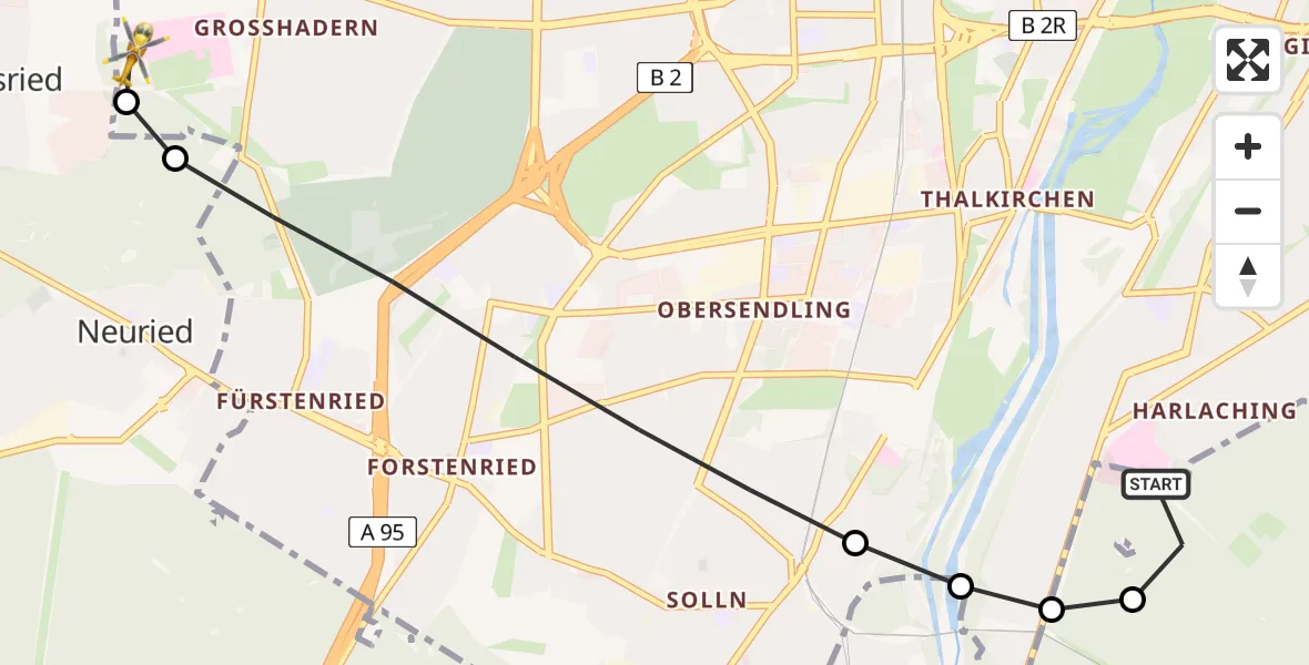 Flugroute Rettungshubschrauber ADAC Air Rescue Center Hubschrauberlandeplatz (Christoph 1) - DRF Air Rescue München Hubschrauberlandeplatz, 10 Mai 2026, 10:43