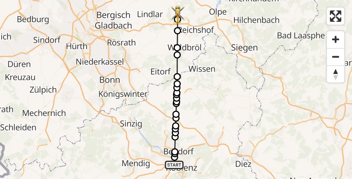 Flugroute Ambulanzhubschrauber Koblenz - Gummersbach, 10 Mai 2026, 10:47