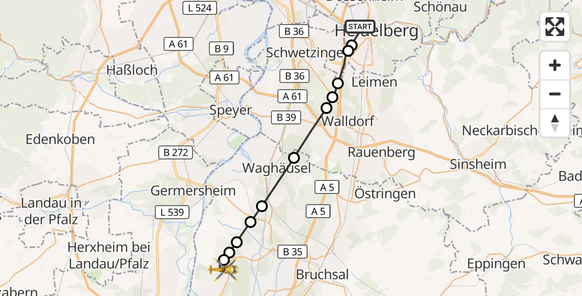 Flugroute Rettungshubschrauber Heidelberg - Linkenheim-Hochstetten, 10 Mai 2026, 10:48