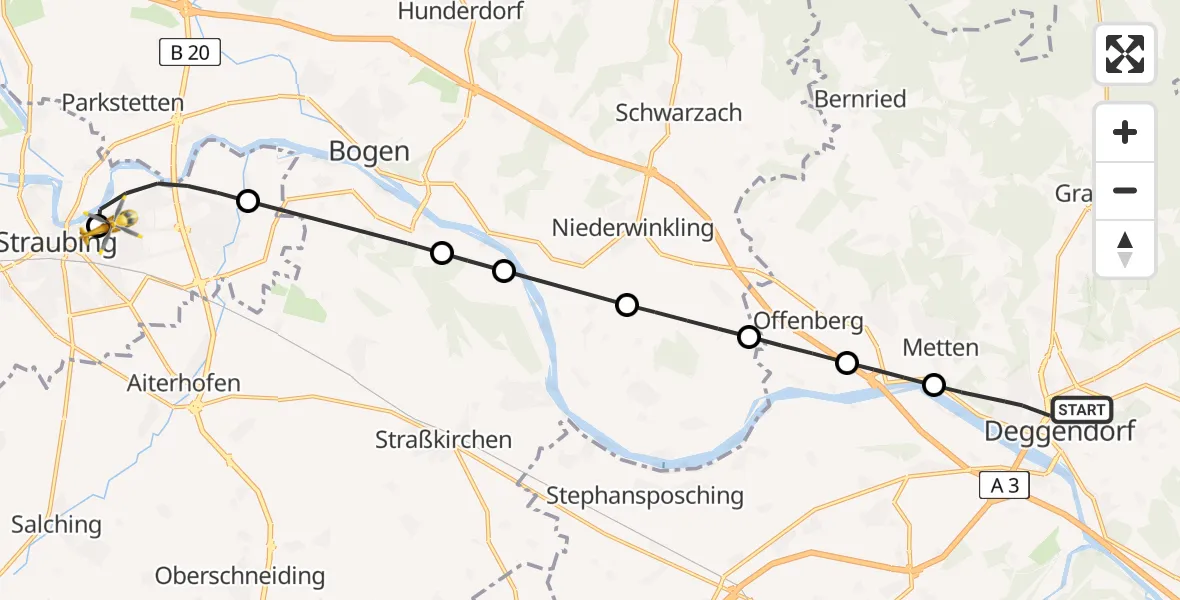 Flugroute Rettungshubschrauber Deggendorf - Sankt Elisabeth Hospital Straubing, 10 Mai 2026, 10:48