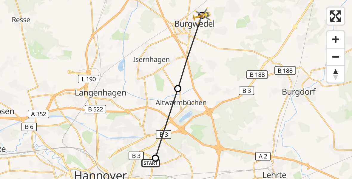 Flugroute Rettungshubschrauber Hannover Luftrettung Hubschrauberlandeplatz (Christoph 4) - Burgwedel, 10 Mai 2026, 10:50