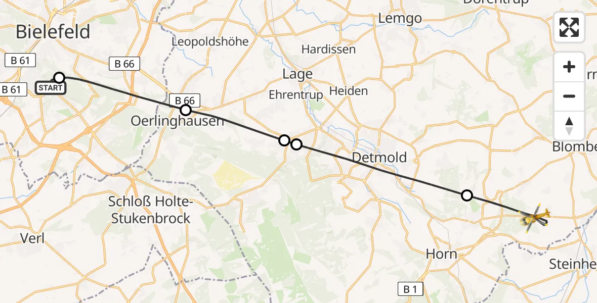 Flugroute Rettungshubschrauber Luftrettungszentrum Bielefeld - Horn-Bad Meinberg, 10 Mai 2026, 10:50