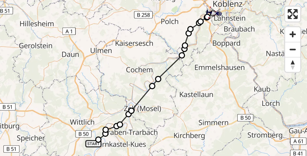 Flugroute Polizeihubschrauber Osann-Monzel - Koblenz-Winningen Flugplatz, 10 Mai 2026, 10:51