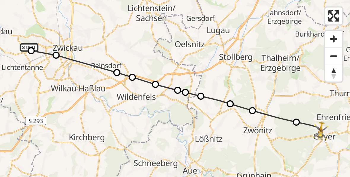 Flugroute Rettungshubschrauber ADAC Air Rescue Station Zwickau Hubschrauberlandeplatz - Geyer, 10 Mai 2026, 10:53