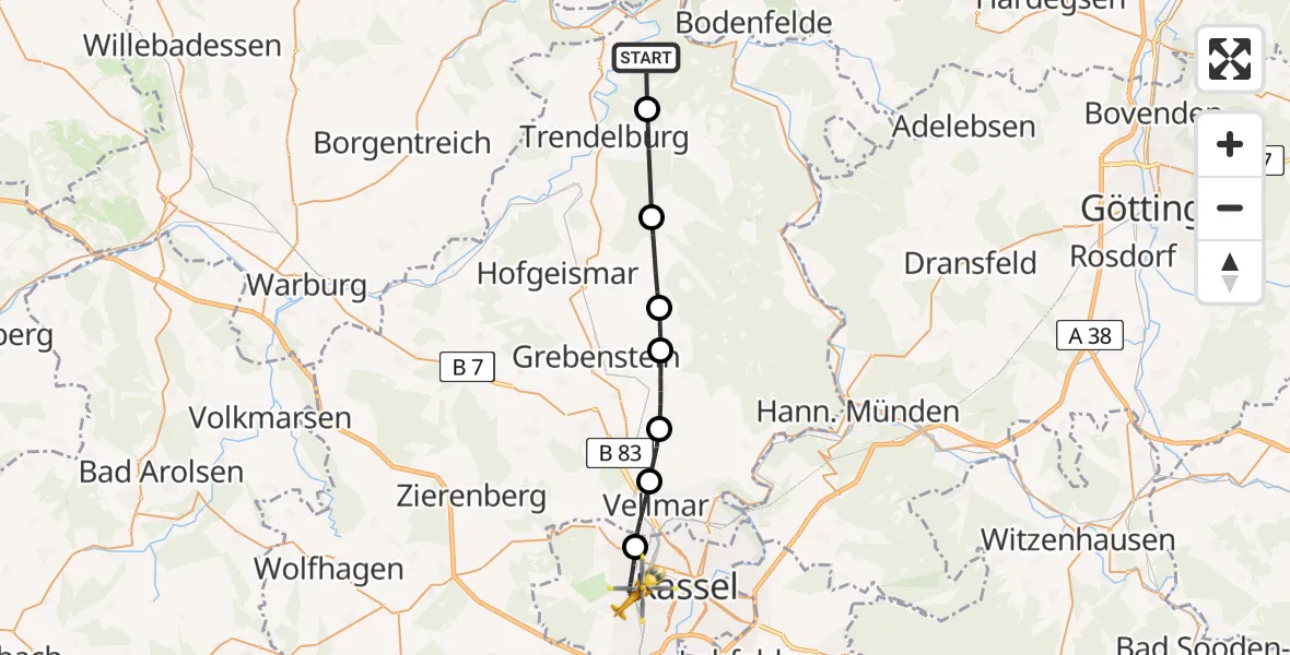 Flugroute Rettungshubschrauber Bad Karlshafen - Kassel, 10 Mai 2026, 10:53