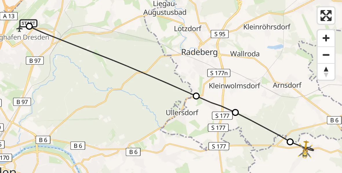 Flugroute Rettungshubschrauber Dresden Flughafen - Dürrröhrsdorf-Dittersbach, 10 Mai 2026, 10:54