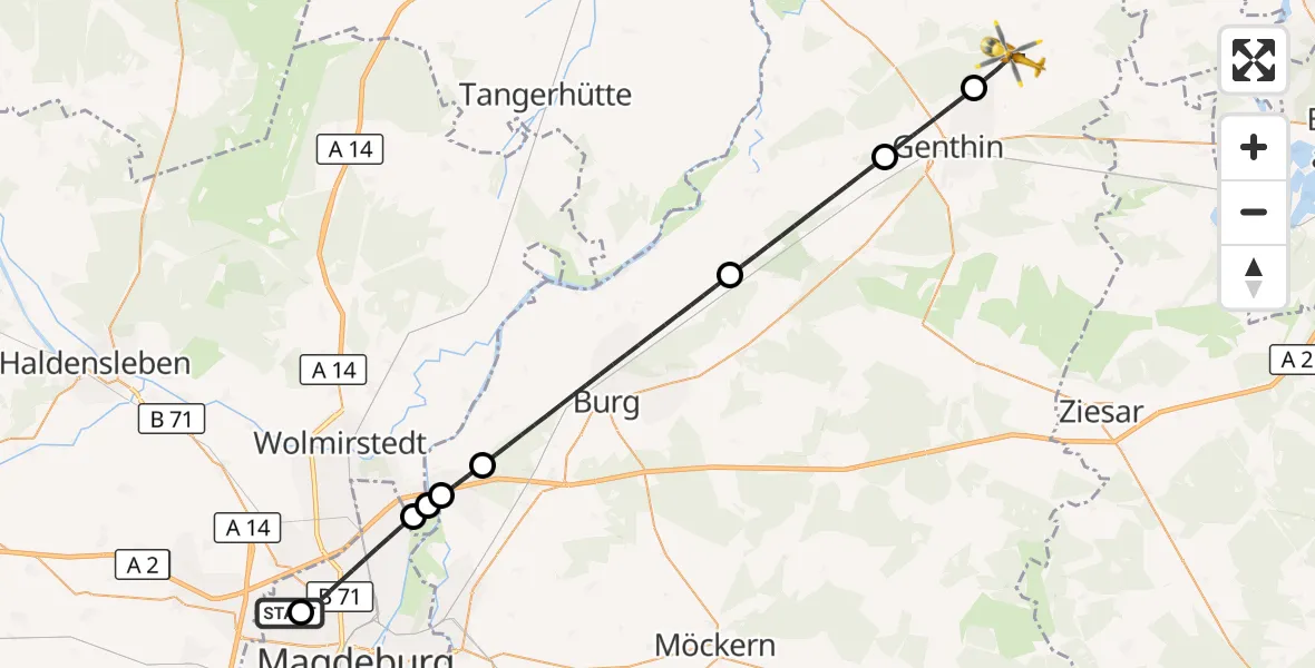 Flugroute Rettungshubschrauber Magdeburg Hospital - Jerichow, 10 Mai 2026, 10:57