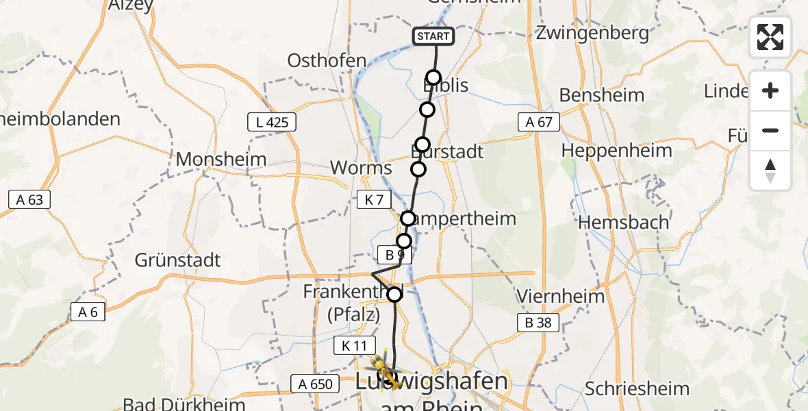 Flugroute Rettungshubschrauber Groß-Rohrheim - Ludwigshafen Accident Hospital, 10 Mai 2026, 11:07