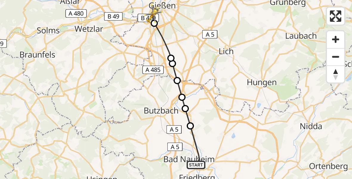Flugroute Rettungshubschrauber Bad Nauheim - Gießen, 10 Mai 2026, 11:18