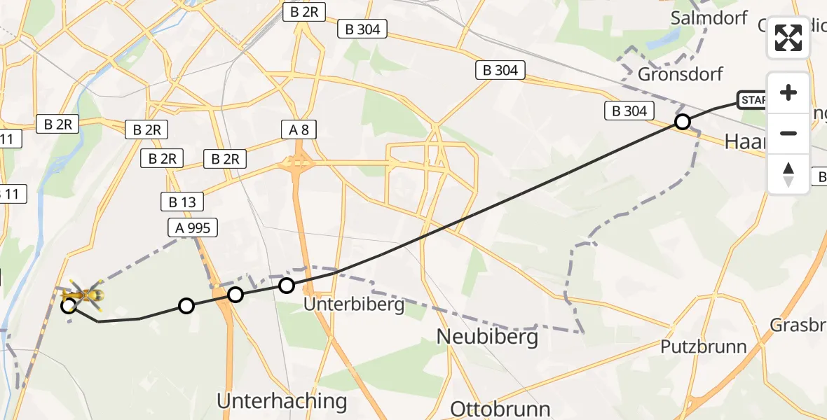 Flugroute Rettungshubschrauber Haar - ADAC Air Rescue Center Hubschrauberlandeplatz (Christoph 1), 10 Mai 2026, 11:21