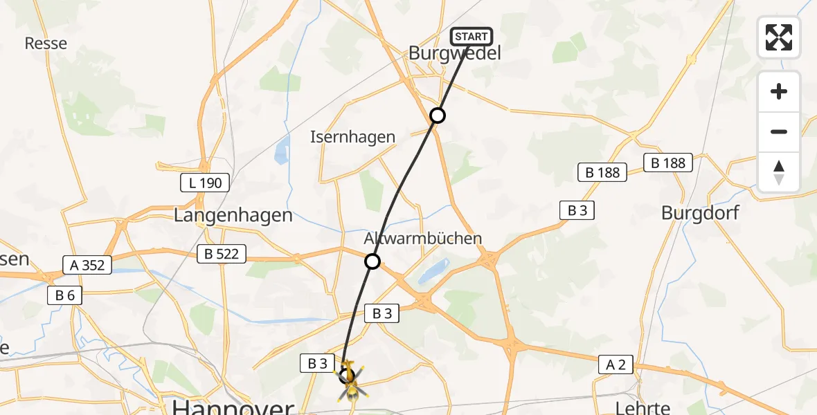 Flugroute Rettungshubschrauber Burgwedel - Hannover Luftrettung Hubschrauberlandeplatz (Christoph 4), 10 Mai 2026, 11:24