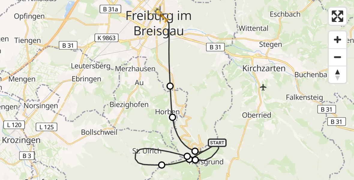 Flugroute Rettungshubschrauber Oberried - Freiburg im Breisgau, 10 Mai 2026, 11:25