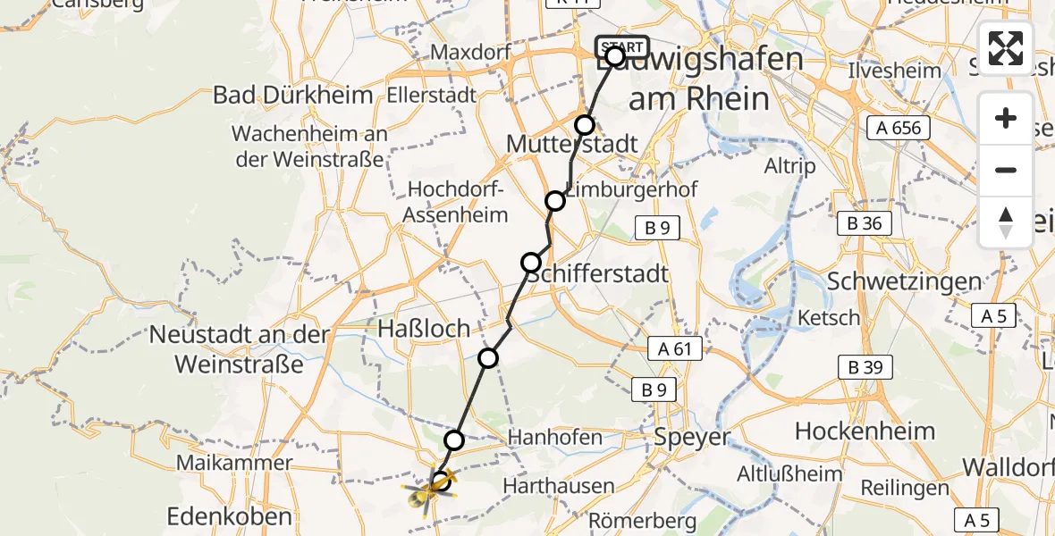 Flugroute Rettungshubschrauber Ludwigshafen Accident Hospital - Gommersheim, 10 Mai 2026, 11:25