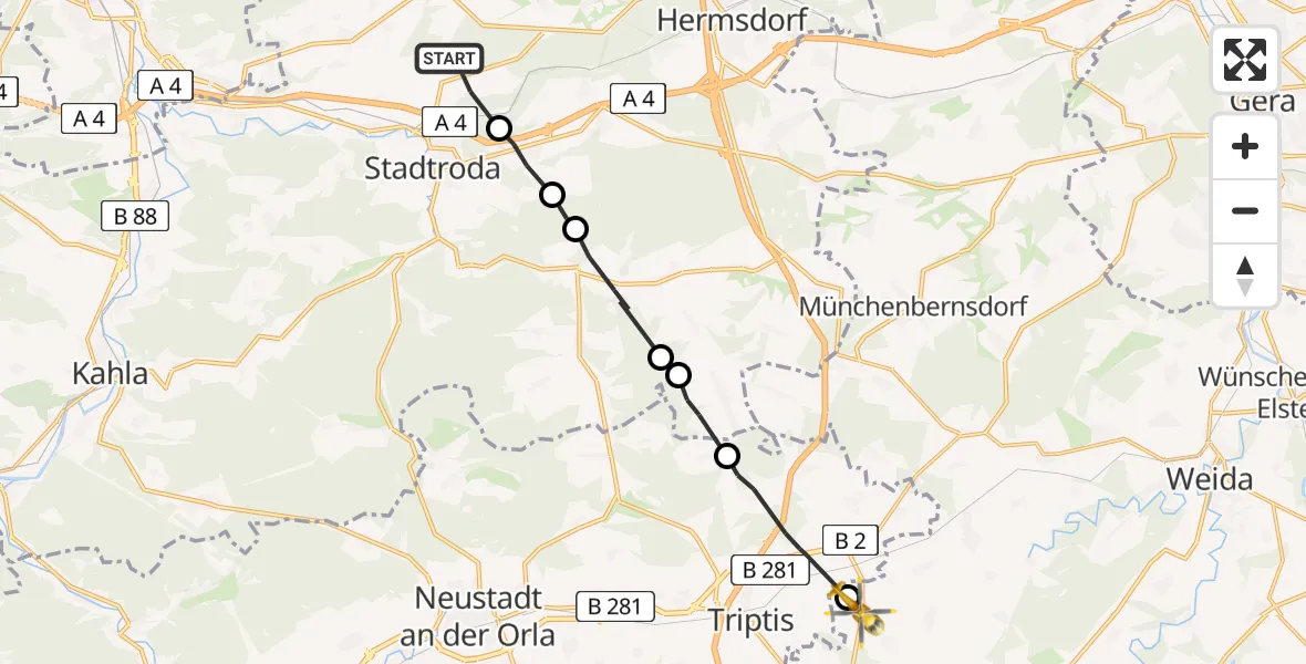 Flugroute Rettungshubschrauber Ruttersdorf-Lotschen - Auma-Weidatal, 10 Mai 2026, 11:27