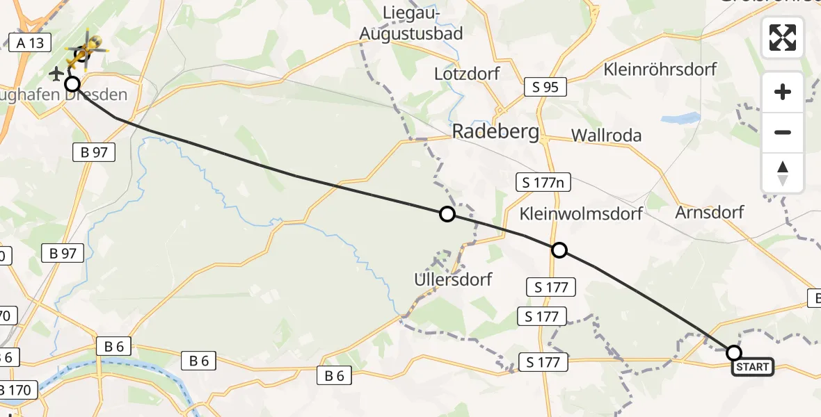 Flugroute Rettungshubschrauber Dürrröhrsdorf-Dittersbach - Dresden Bundespolizei Hubschrauberlandeplatz, 10 Mai 2026, 11:38