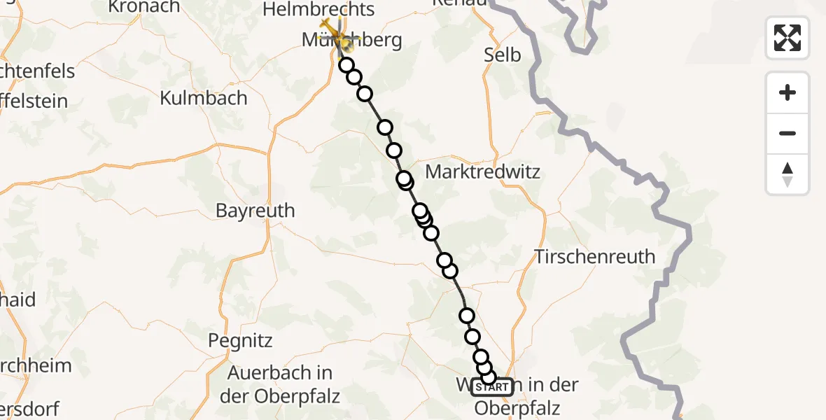 Flugroute Rettungshubschrauber Weiden i.d.OPf. - Münchberg, 10 Mai 2026, 11:39