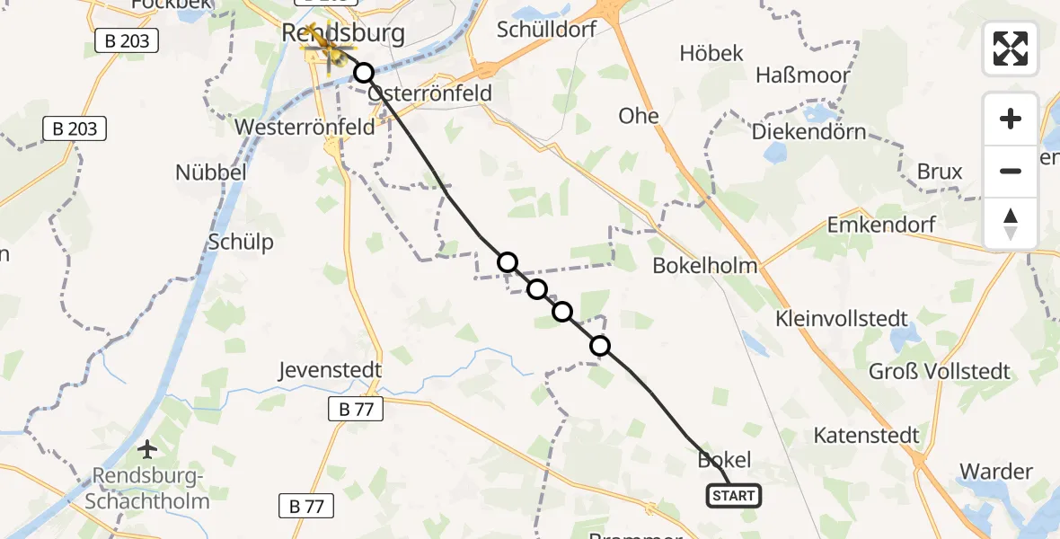 Flugroute Rettungshubschrauber Bokel - Rendsburg, 10 Mai 2026, 11:41