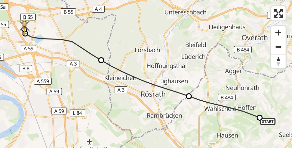 Flugroute Rettungshubschrauber Neunkirchen-Seelscheid - Merheim Hospital, 10 Mai 2026, 11:42