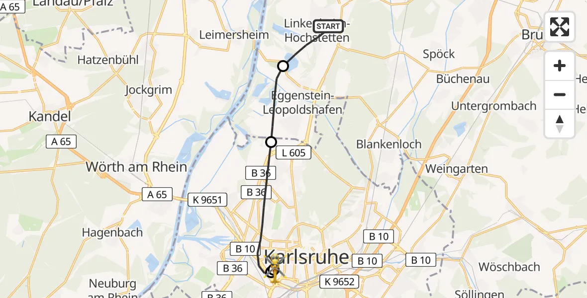 Flugroute Rettungshubschrauber Linkenheim-Hochstetten - Sankt Vincentius Hospital, 10 Mai 2026, 11:44
