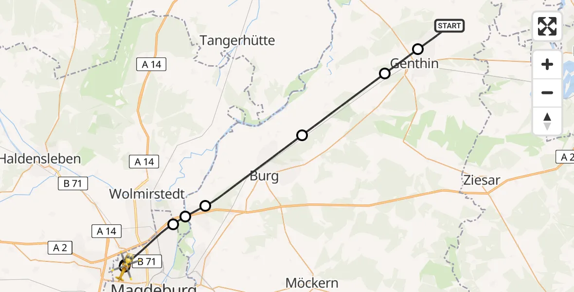 Flugroute Rettungshubschrauber Jerichow - Magdeburg Hospital, 10 Mai 2026, 11:45