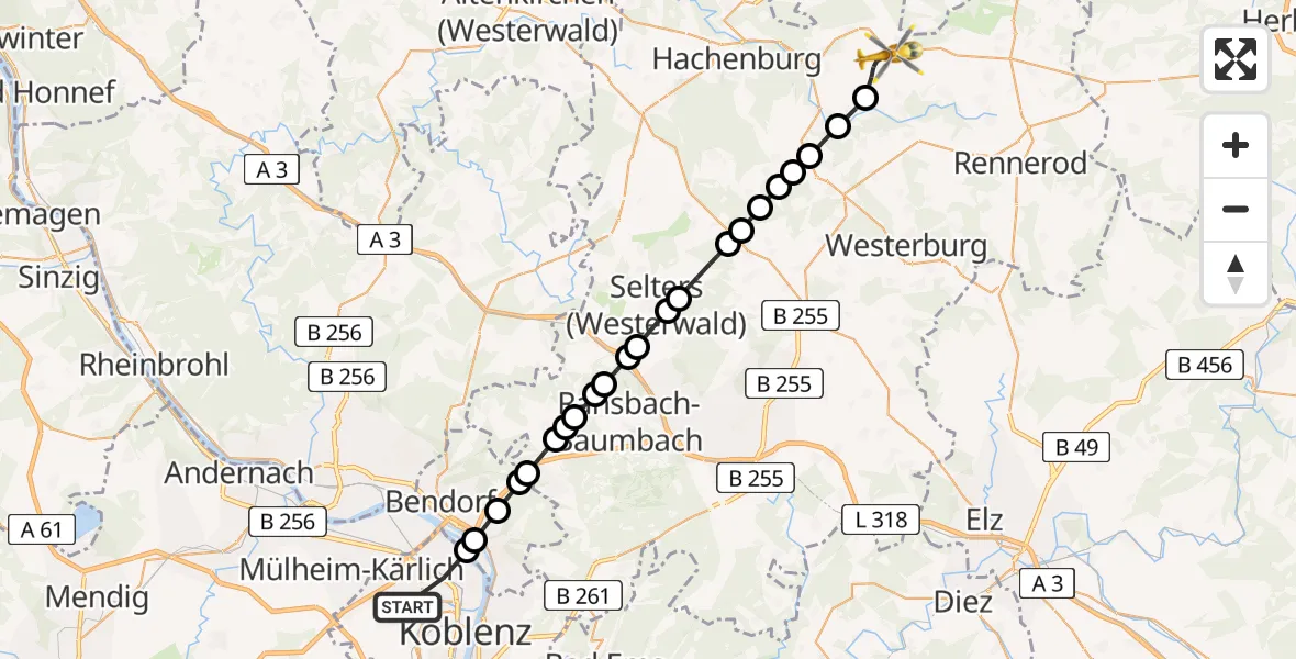 Flugroute Rettungshubschrauber Koblenz - Bad Marienberg (Westerwald), 10 Mai 2026, 11:48